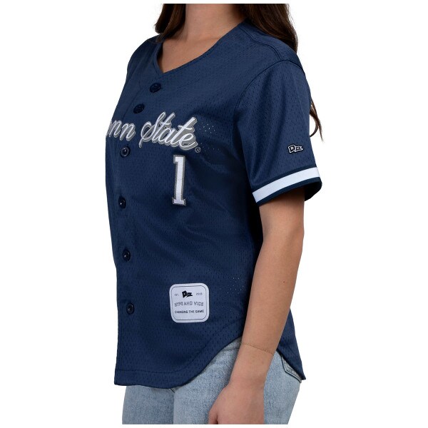 side view of model wearing women's navy Penn State baseball jersey